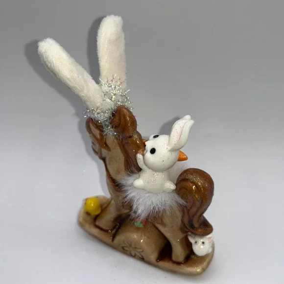 Vintage Ceramic Mini Rocking Horse Easter Bunny Chick Rider Faux Fur saddle OOAK - Picture 13 of 16